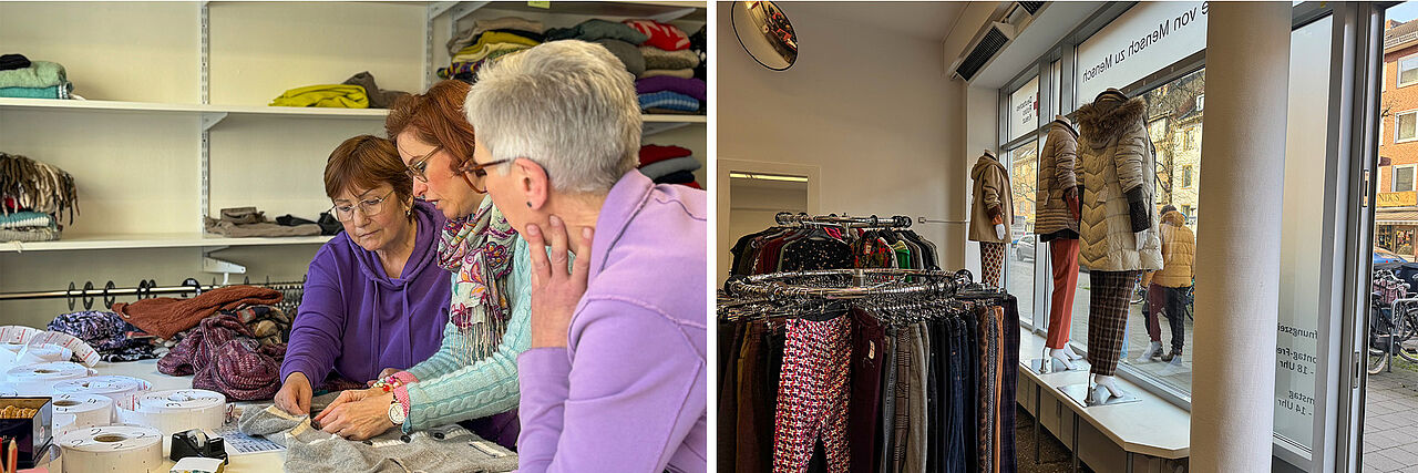 3 Frauen sortieren gemeinsam Kleiderspenden, Kleiderständer stehen vollbehängt vor einem Schaufenster