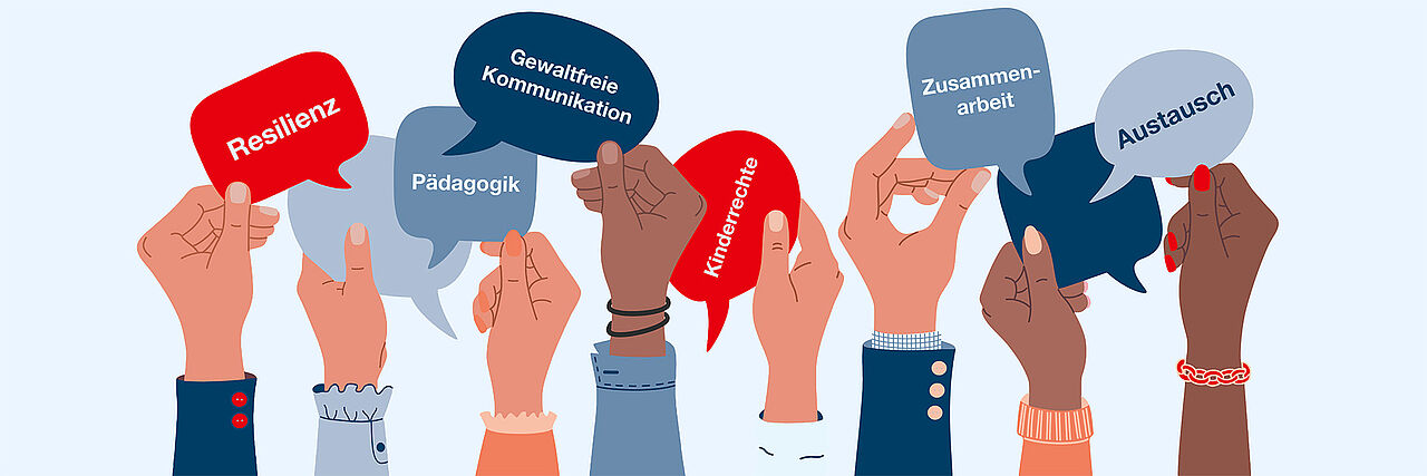 Hände in verschiedenen Hautfarben halten Karten mit Begriffen hoch