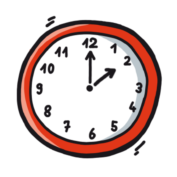 Gezeichnete weiß-rote Uhr, die auf 14 Uhr steht