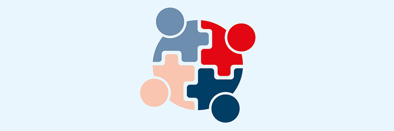 Icon verschieden farbige Personen, die wie Puzzleteile geformt sind bilden zusammen einen Kreis.