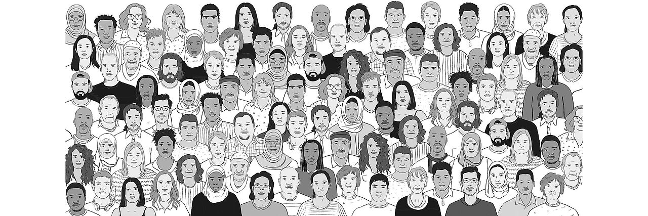 Illustration einer großen Gruppe von Personen in Schwarz-Weiß