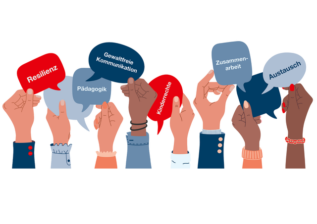 Hände in verschiedenen Hautfarben halten Karten mit Begriffen hoch