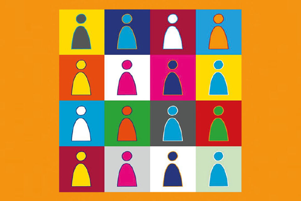 Illustration von mehreren Strichmännchen in verschiedenen Farben auf verschiedenfarbigen Quadraten auf orangenem Hintergund