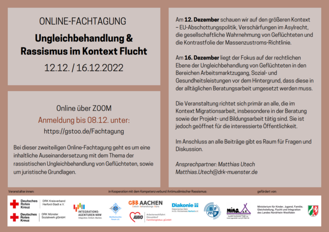 Informationsgrafik zur Online-Fachtagung ‚Ungleichbehandlung & Rassismus im Kontext Flucht‘ am 12. und 16. Dezember 2022 via Zoom. Enthält Angaben zu Inhalten, Zielgruppe, Anmeldung und Veranstaltern