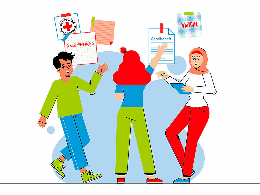 Das Bild zeigt eine Illustration von drei jungen Menschen, die gemeinsam an einer Wand mit aufgehängten Zetteln arbeiten. Auf den Zetteln stehen Begriffe wie „Diskriminierung“, „Gesellschaft“ und „Vielfalt“. Links steht eine Person mit grünen Schuhen und grünem Oberteil, in der Mitte eine Person mit roten Haaren und grüner Hose, rechts eine Person mit Kopftuch, roter Hose und Tablet in der Hand.