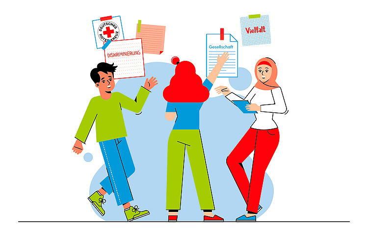 Das Bild zeigt eine Illustration von drei jungen Menschen, die gemeinsam an einer Wand mit aufgehängten Zetteln arbeiten. Auf den Zetteln stehen Begriffe wie „Diskriminierung“, „Gesellschaft“ und „Vielfalt“. Links steht eine Person mit grünen Schuhen und grünem Oberteil, in der Mitte eine Person mit roten Haaren und grüner Hose, rechts eine Person mit Kopftuch, roter Hose und Tablet in der Hand.