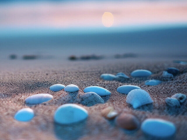 Sandstrand mit Muscheln bei Sonnenaufgang