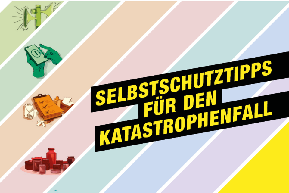 Selbstschutzguide Eine Grafik mit diagonalen Streifen in Pastellfarben und Zeichnungen zum Thema Selbstschutz