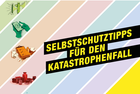 Eine Grafik mit diagonalen Streifen in Pastellfarben und Zeichnungen zum Thema Selbstschutz