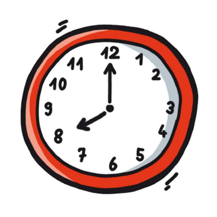 Gezeichnete weiß-rote Uhr, die auf 8 Uhr steht