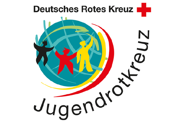 Das Bild zeigt das Logo des Jugendrotkreuzes. Oben rechts befindet sich ein rotes Kreuz. Darunter sind drei stilisierte menschliche Figuren in Schwarz, Rot und Gelb dargestellt, die sich an den Händen halten und gemeinsam um eine stilisierte Weltkugel stehen. Am unteren Rand ist in geschwungener Schrift das Wort „Jugendrotkreuz“ zu lesen.