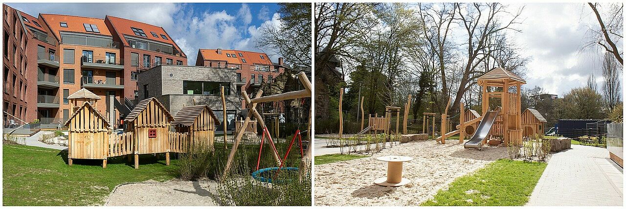 Farbenspiel Slider Eine Collage aus zwei Fotos vom Außenbereich der Kita mit Spielplatz
