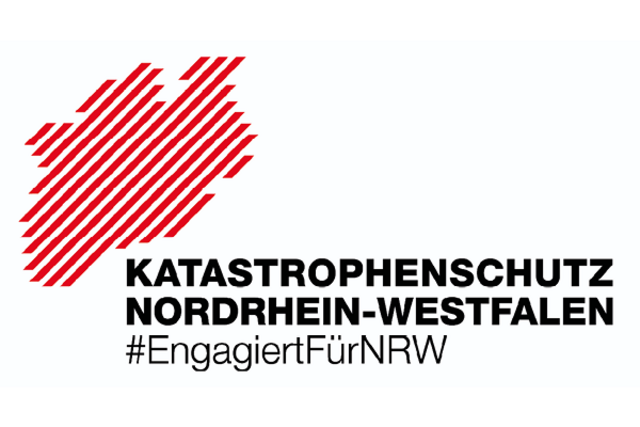 Schrafierte Karte von NRW mit dem Schriftzug "Katastrophenschutz in NRW. Engagiert in NRW"