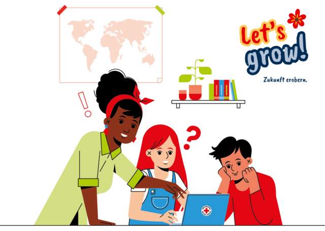 Eine Illustration zeigt drei junge Menschen, die gemeinsam an einem Laptop arbeiten. Eine Person erklärt etwas und zeigt auf den Bildschirm, während die anderen interessiert und fragend schauen. Im Hintergrund hängen ein Weltkarten-Poster, ein Regal mit Pflanzen und Büchern. Rechts steht der bunte Schriftzug „Let’s grow! Zukunft erobern.“
