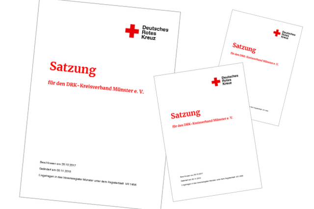 Drei weiße Dokumente mit DRK-Logo und der Schrift "Satzung für den DRK-Kreisverband Münster e.V."