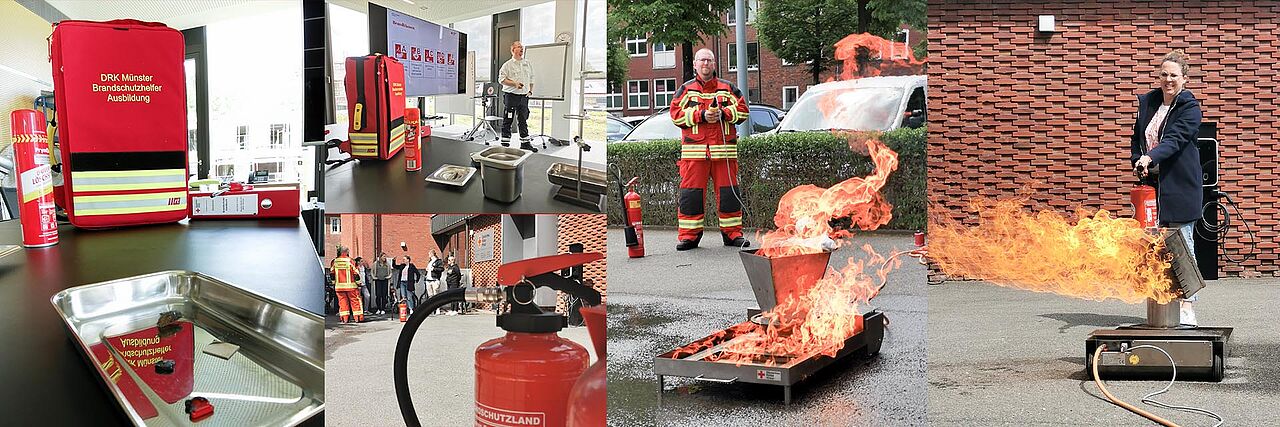 Collage von verschiedenen Bildern von Feuerlöschen und anderem Equipment zum Feuerlöschen, vom Löschen von Feuer und von einer Unterrichtssituation