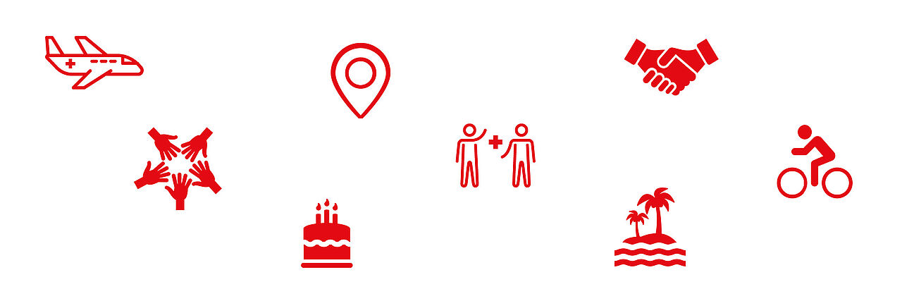 Acht rote Symbole auf weißem Hintergrund: Ein Flugzeug mit Kreuz, ein Standortpin, ein Handschlag, fünf Hände im Kreis, eine radelnde Person, eine Torte mit Kerzen, zwei Personen mit Pluszeichen, eine Insel mit Palmen.