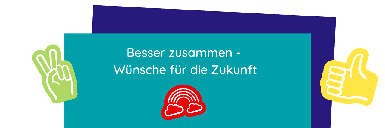 Demokratieprojekt Das Bild zeigt ein bunt gestaltetes Plakat mit dem Text „Besser zusammen – Wünsche für die Zukunft“. Darauf sind Symbole wie ein roter Regenbogen mit Wolken, ein gelbes Hashtag „#JRK“ sowie eine stilisierte Hand mit Herz zu sehen. Oben rechts ist das Logo des Jugendrotkreuzes abgebildet.