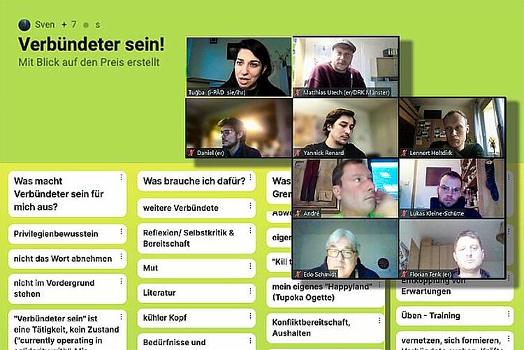 Screenshot eines virtuellen Treffens mit mehreren Teilnehmenden in Kachelansicht. Links im Bild eine Präsentationsfolie mit dem Titel ‚Verbündeter sein!‘ und Stichpunkten zu Voraussetzungen, Anforderungen und Grenzen von Verbündetem-Handeln