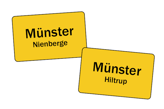 Zwei gelbe Rechteckige Ortsschilder mit den Aufschriften "Münster Nienberge" und "Münster Hiltrup"