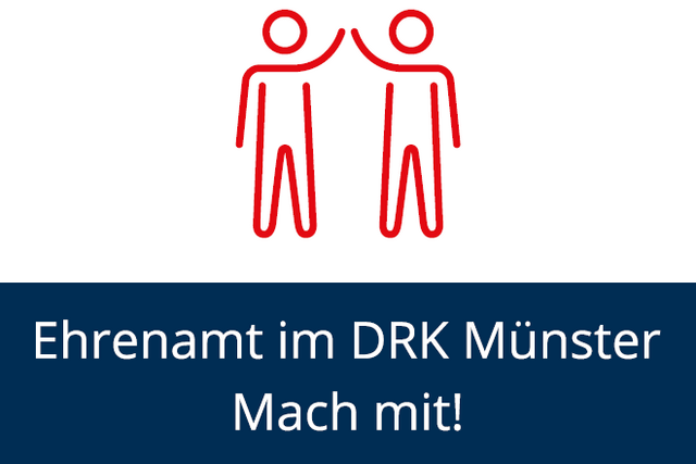 Das Bild zeigt eine grafische Darstellung von zwei roten Strichmännchen, die sich über dem Kopf abklatschen (High-Five). Der Hintergrund ist blau, und darunter steht in weißer Schrift: „Ehrenamt im DRK Münster – Mach mit!“.
